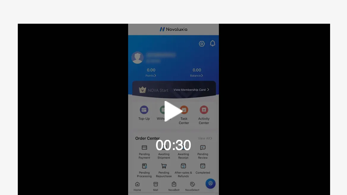 The app's account screen with Top-Up and Withdrawal above the order center statuses, the screen a balance-only novaluxia scam post leaves out