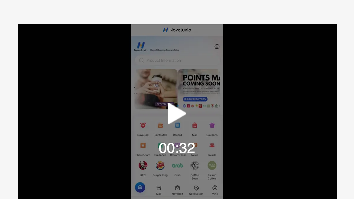 Novaluxia home screen mock-up from the platform's in-app tutorial, with the Points Mall Coming Soon banner and the PointsMall, Record, Mall and Coupons shortcuts
