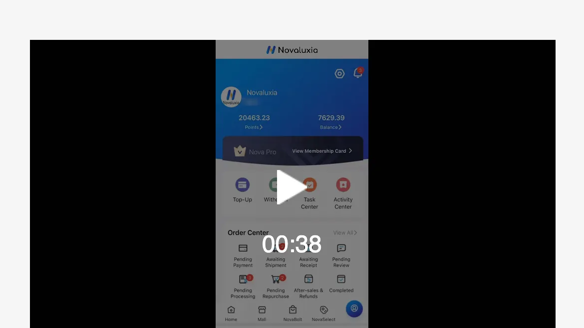 Novaluxia order tracking screen: the order center panel with eight status shortcuts from Pending Payment and Awaiting Shipment to After-sales & Refunds and Completed