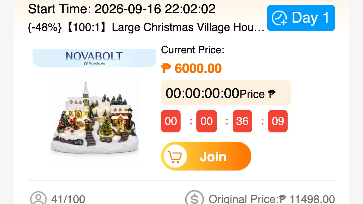 Novaluxia order tracking starts here: an app group-buy card at ₱6,000 with a 【100:1】 ratio, Day 1 and 41 of 100 participants