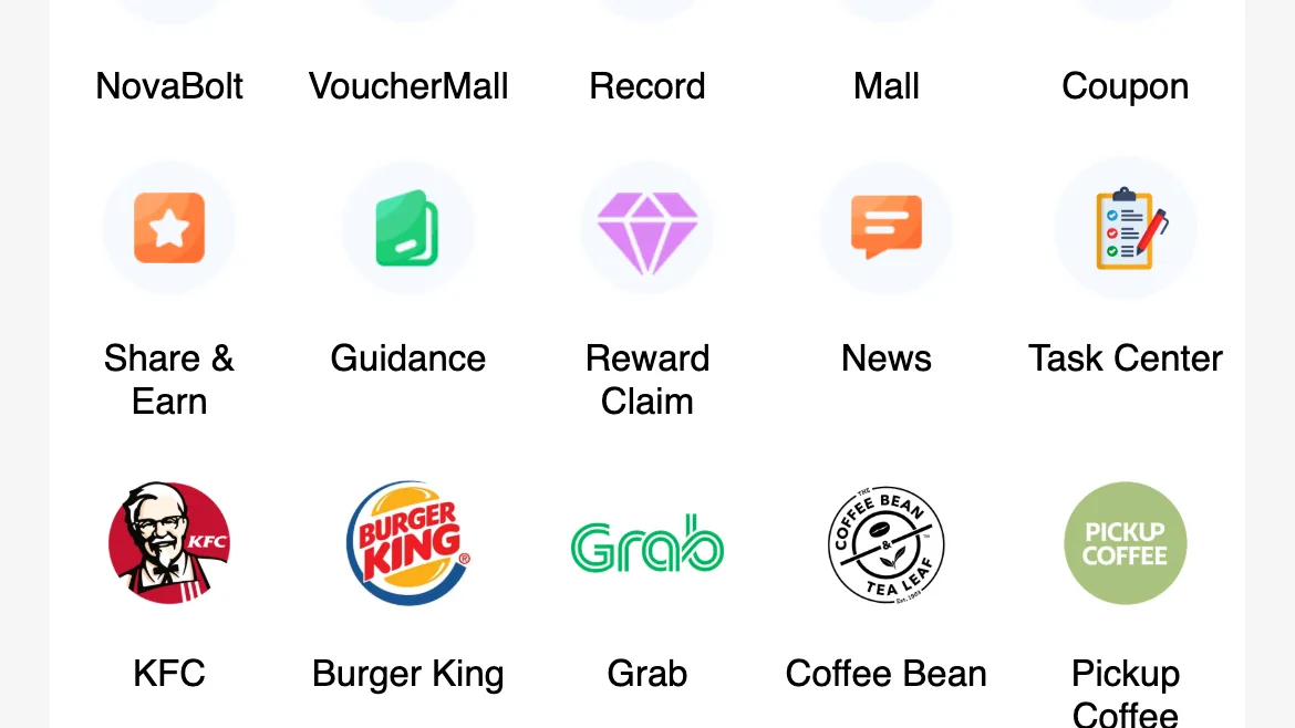 Novaluxia app home screen with the search bar, a maintenance notice and the shortcut menu with partner-brand tiles