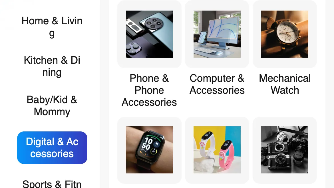 Novaluxia mall screen with the Digital & Accessories category selected and its nine sub-categories listed