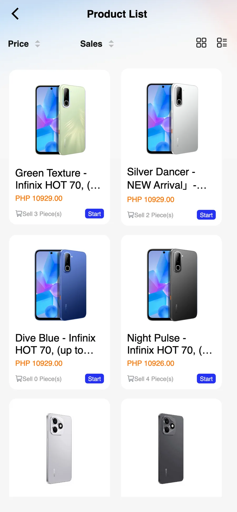Novaluxia mall product list showing two phones with PHP prices and sales counts