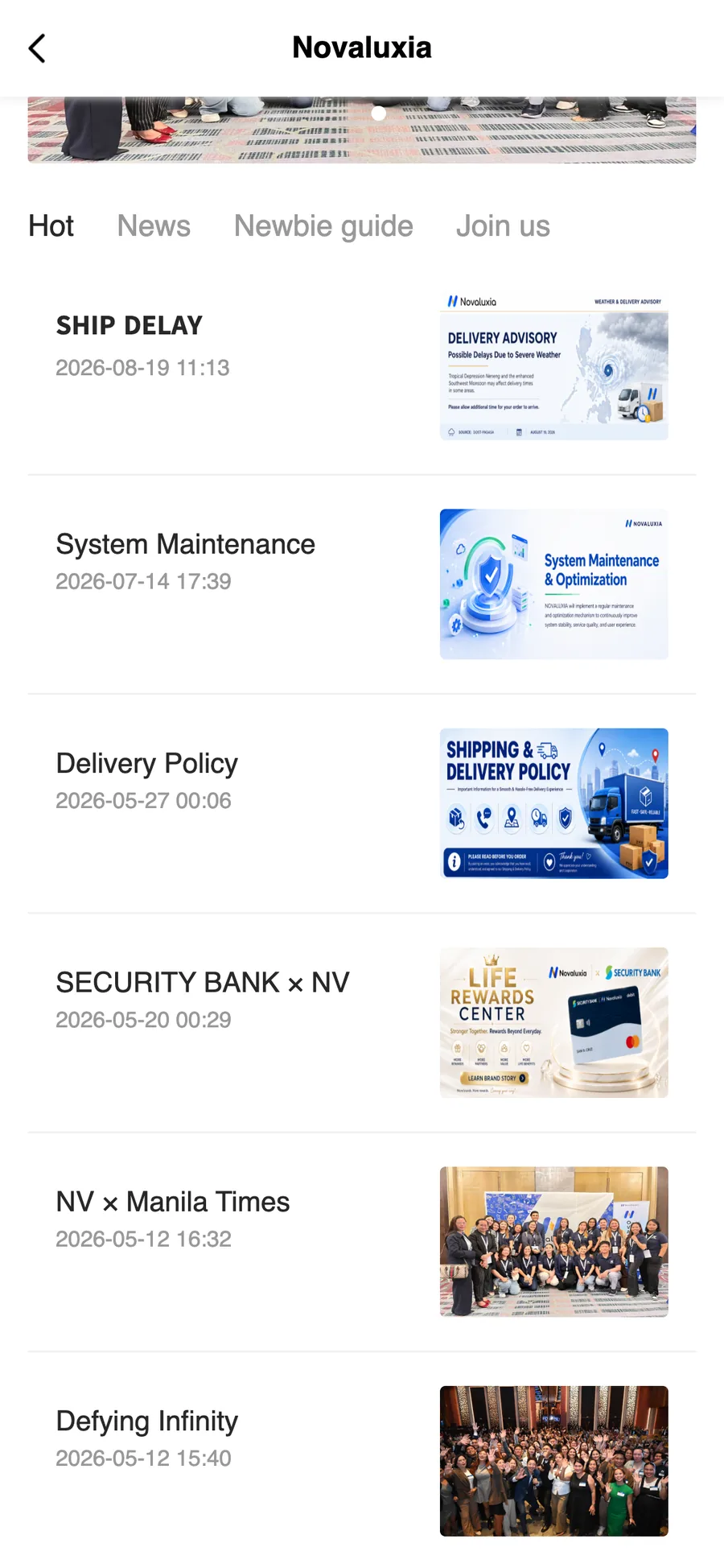 The app's news page on the Hot tab with dated official announcements including SHIP DELAY 2026-08-19 and Delivery Policy 2026-05-27, the in-app record most novaluxia scam arguments get checked against