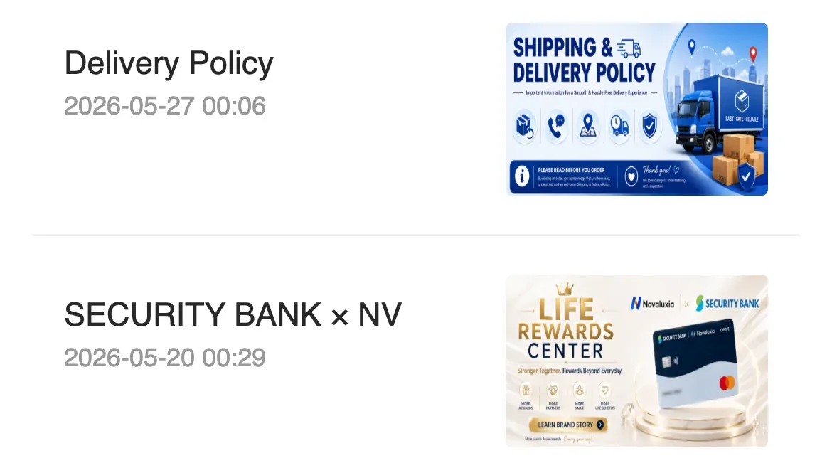 Novaluxia app news page with two dated announcement rows, a Delivery Policy notice and a bank partnership notice, the kind of dated post a novaluxia scam screenshot usually lacks