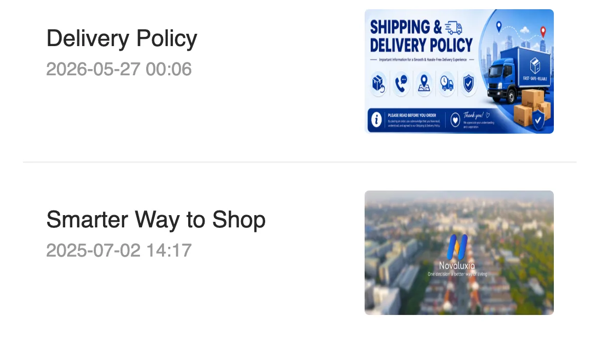 Two rows from the app's Newbie guide tab, Delivery Policy dated 2026-05-27 and Smarter Way to Shop dated 2025-07-02, the dated documents a novaluxia reviews check should open first
