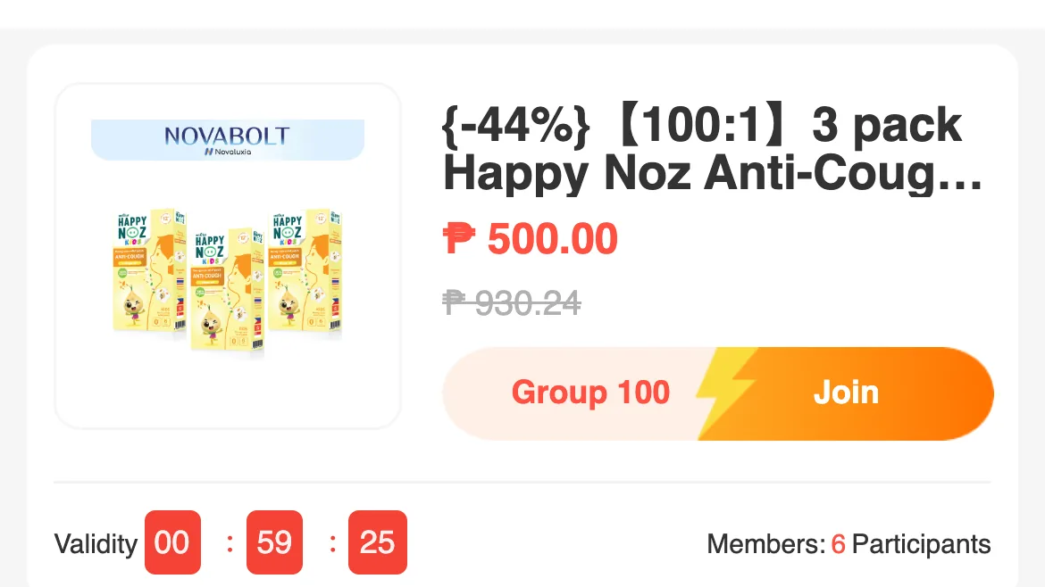 Novaluxia app NovaBolt group-buy card showing a 【100:1】 ratio, a ₱500 price, a countdown and six participants
