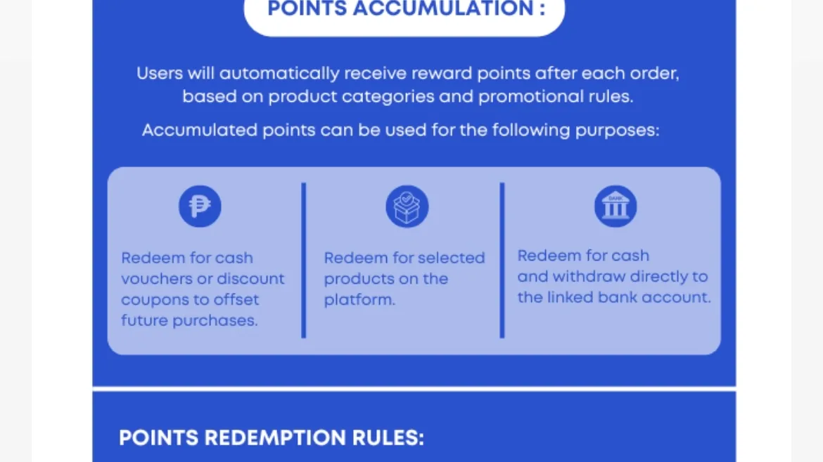 The Novaluxia points rules screen listing three redemption paths: vouchers or discount coupons, products on the platform, and cash withdrawal to a linked bank account