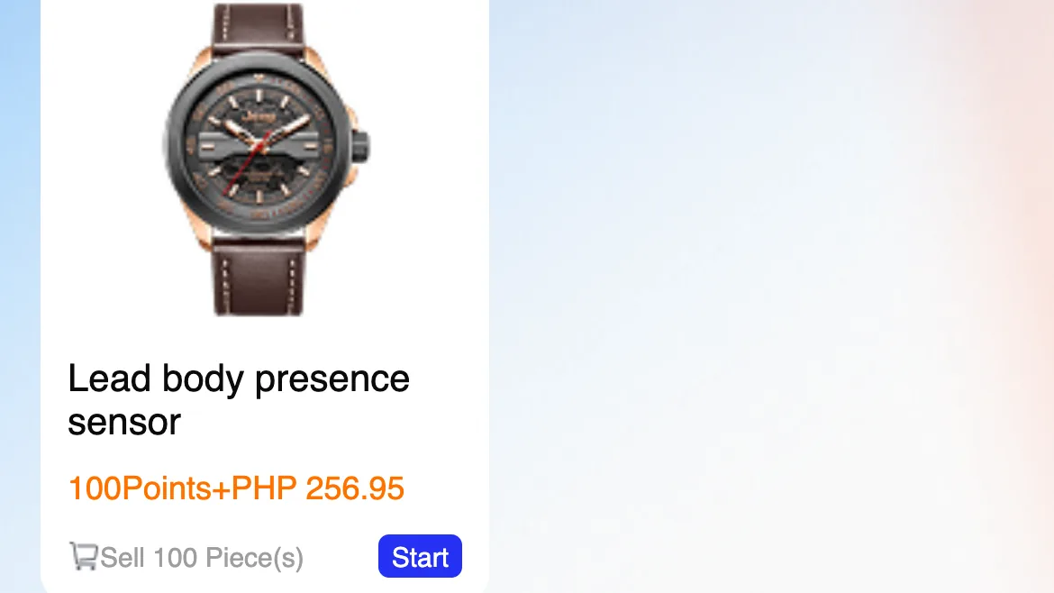 Novaluxia app voucher screen with a watch-style sensor listing at 100 points plus ₱256.95, 100 pieces on sale