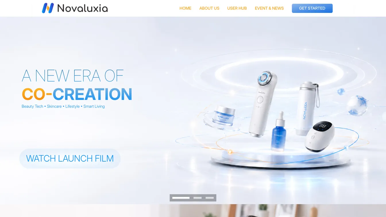 Screenshot of the official brand home page at novaluxia.com, headed “A New Era of Co-Creation”