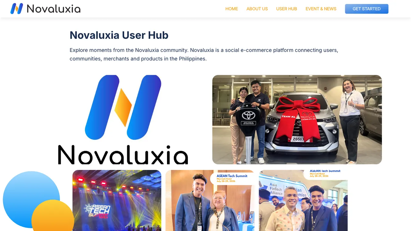 Screenshot of the official User Hub page at novaluxia.com, describing the app’s feature set