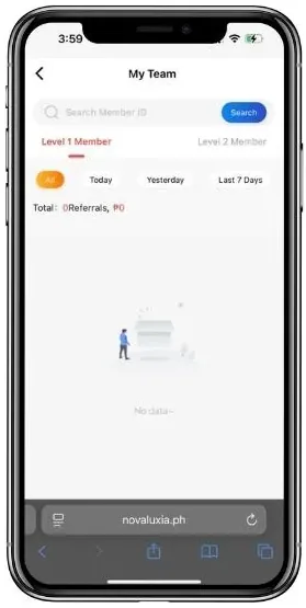 The app's My Team page in its empty state, search by Member ID, Level 1 and Level 2 tabs and a total of 0 referrals, the invitation screen novaluxia scam claims are built around