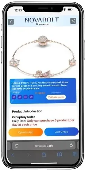 Novaluxia PH NovaBolt product page for a Swarovski bracelet, marked −80% 【100:1】, with the Group Buy Rules block and a Join Group button