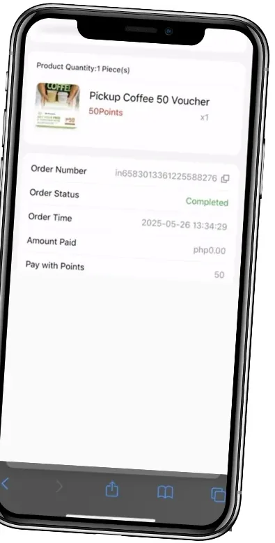 Pickup Coffee ₱50 voucher redemption order marked Completed, paid with 50 points in the Novaluxia points mall