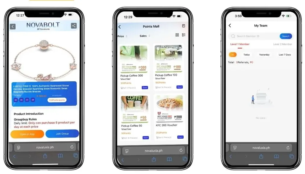 Novaluxia app screens side by side: a NovaBolt group-buy page with the 【100:1】 title and daily purchase cap, the Points Mall voucher grid and a referral page