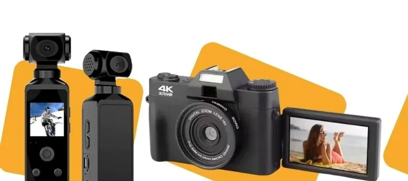 Three camera devices, two pocket action cameras and a compact 4K camera with a flip screen, shown as Novaluxia product shots