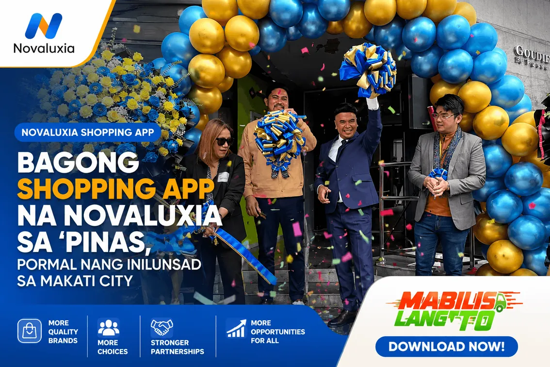 Novaluxia PH app launch press visual with a confetti store-opening photo and a Download Now prompt