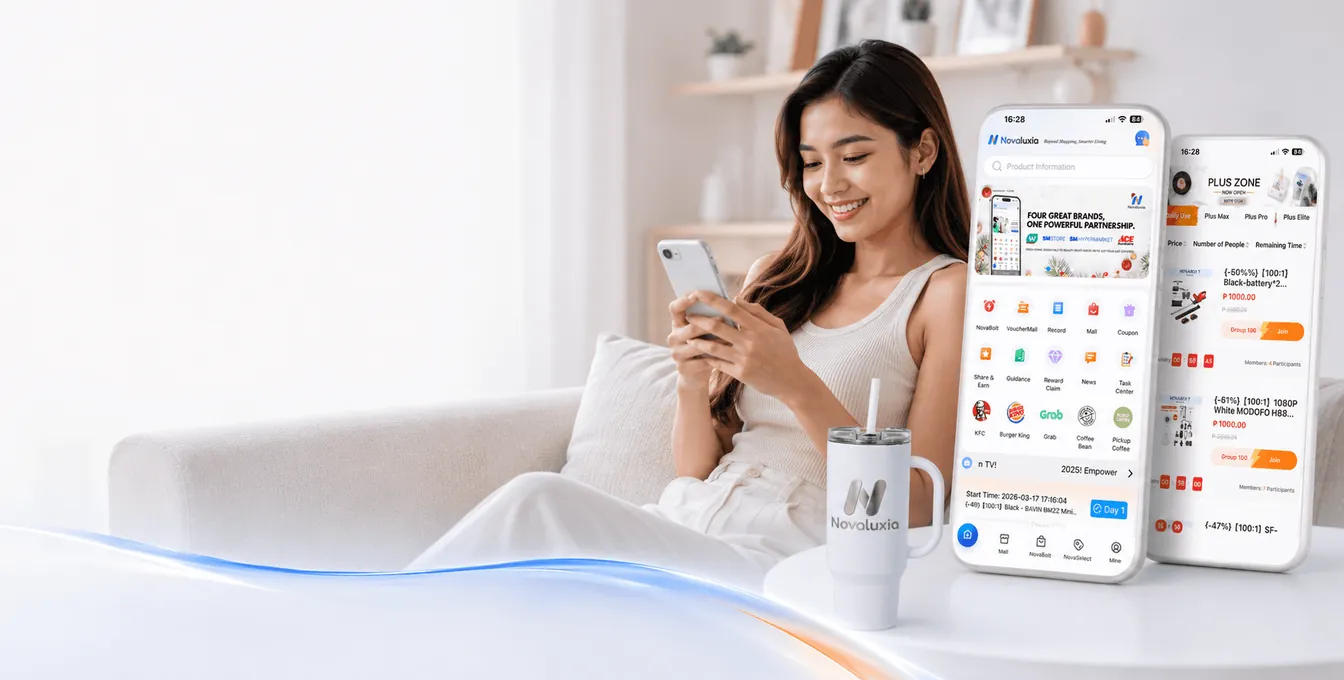 Novaluxia app screens floating beside a woman using her phone on a sofa
