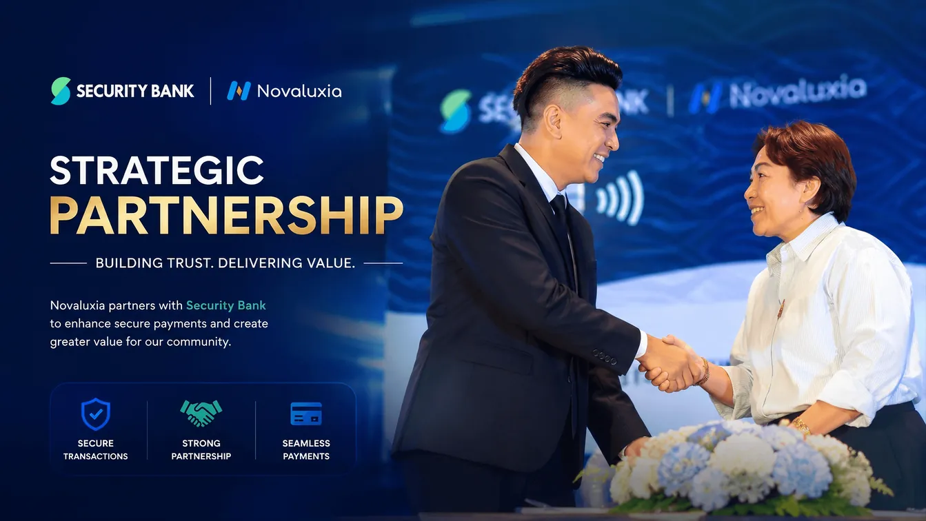 Novaluxia PH and Security Bank partnership announcement, two executives shaking hands between the banners