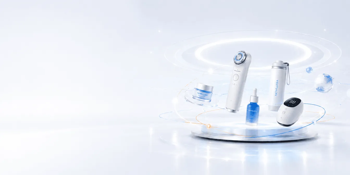 Novaluxia products under review: a facial device, a serum bottle and cream jars on a lit platform