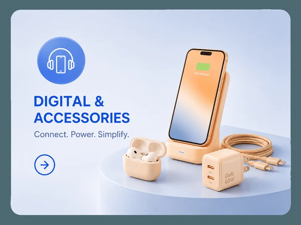 Digital and accessories category card in the Novaluxia mall: a phone stand, earbuds, a charger and a cable