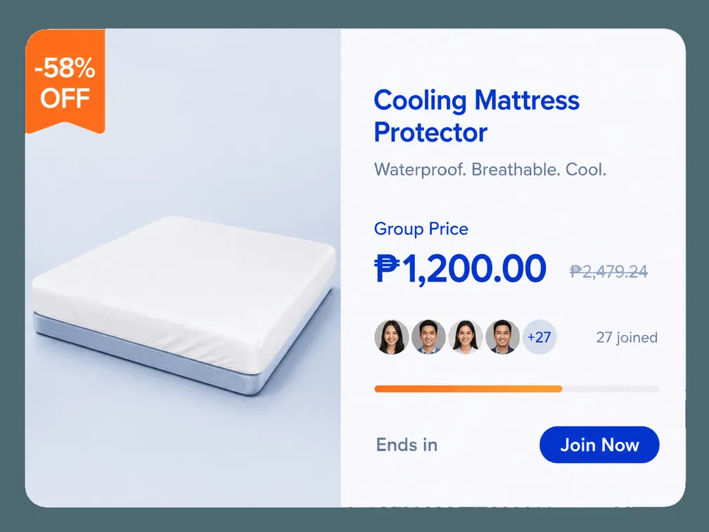 Novaluxia group-buy card for a cooling mattress protector, 58% off at ₱1,200 with 27 people joined
