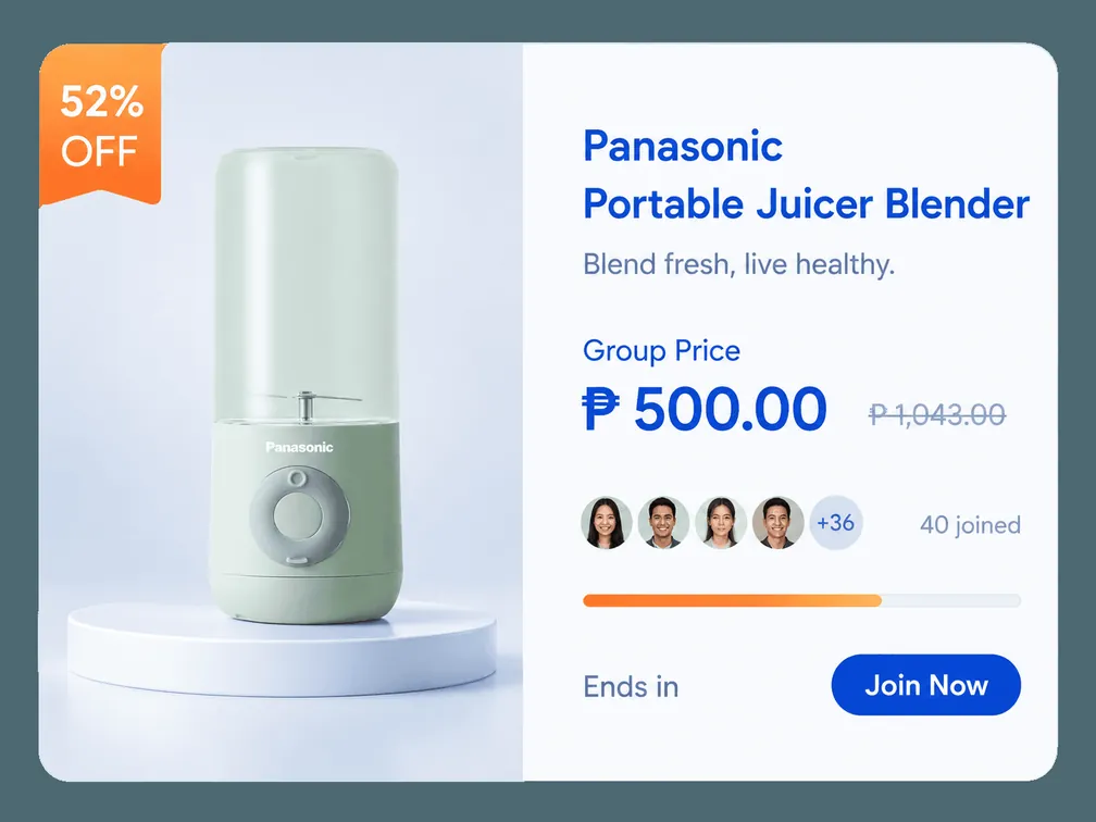 Novaluxia group-buy card for a portable juicer blender, 52% off at ₱500 with 40 people joined
