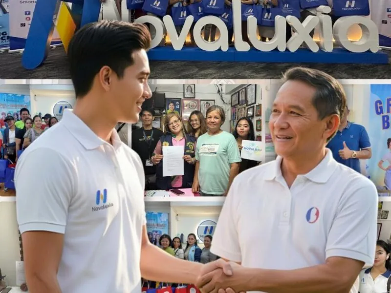 Novaluxia partnership handshake between two men in branded polos, in front of a collage of customers holding signs
