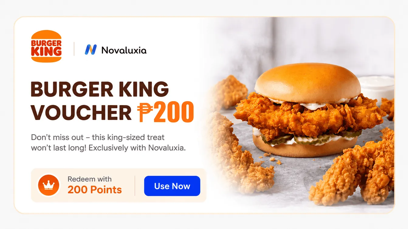 Novaluxia PH voucher listing for a Burger King ₱200 reward card, redeemable with 200 points