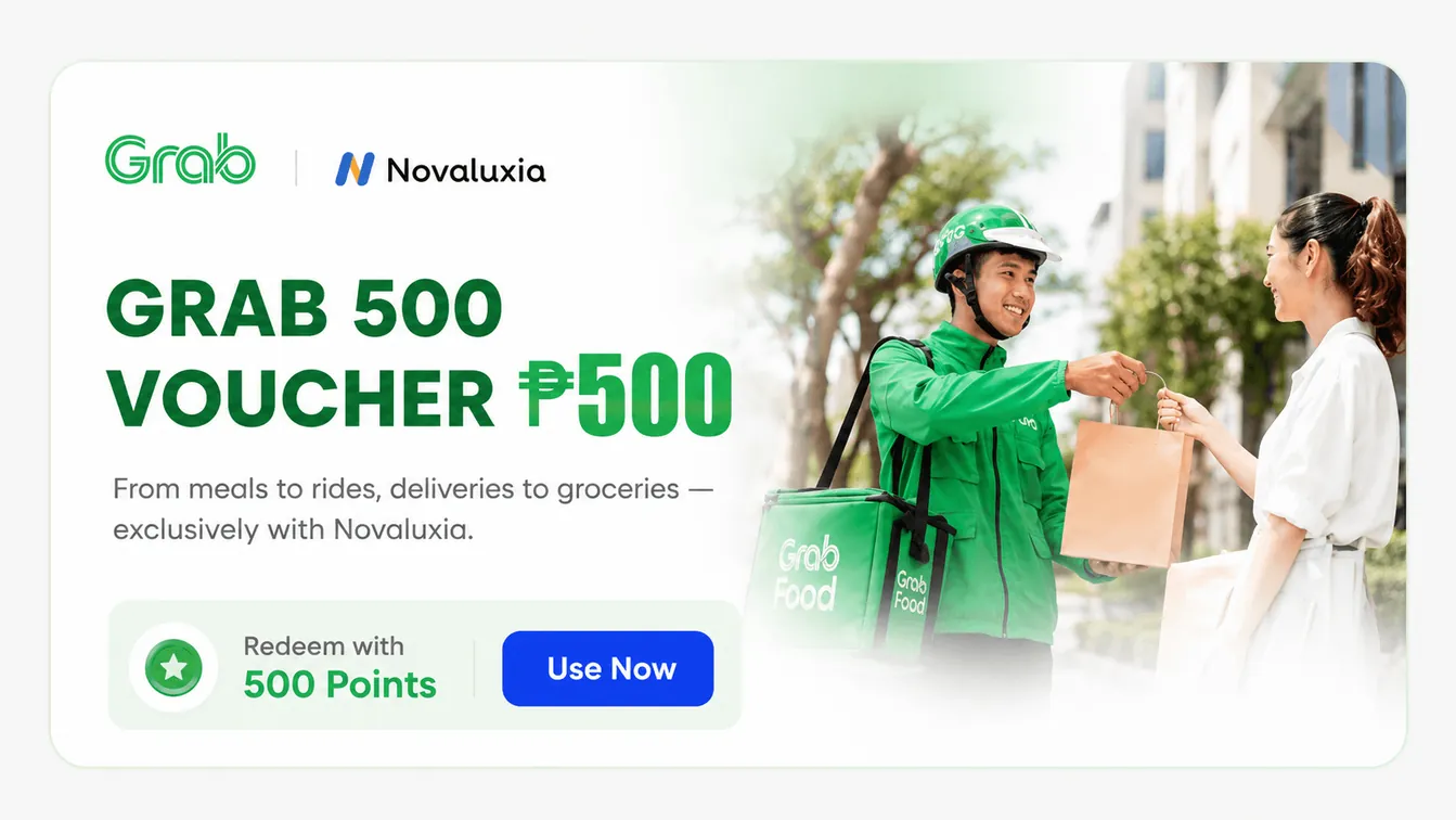 Novaluxia voucher listing for a Grab ₱500 reward card, redeemable with 500 points