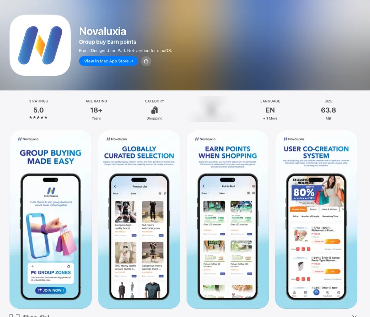 Apple App Store listing for the Novaluxia app showing the app icon, the subtitle Group buy Earn points, the category Shopping, the age rating and the file size
